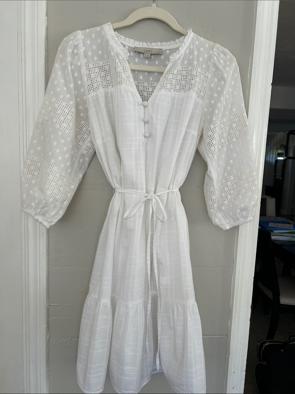 LOFT White Swiss Dot Eyelet Tie-Waist Midi Dress